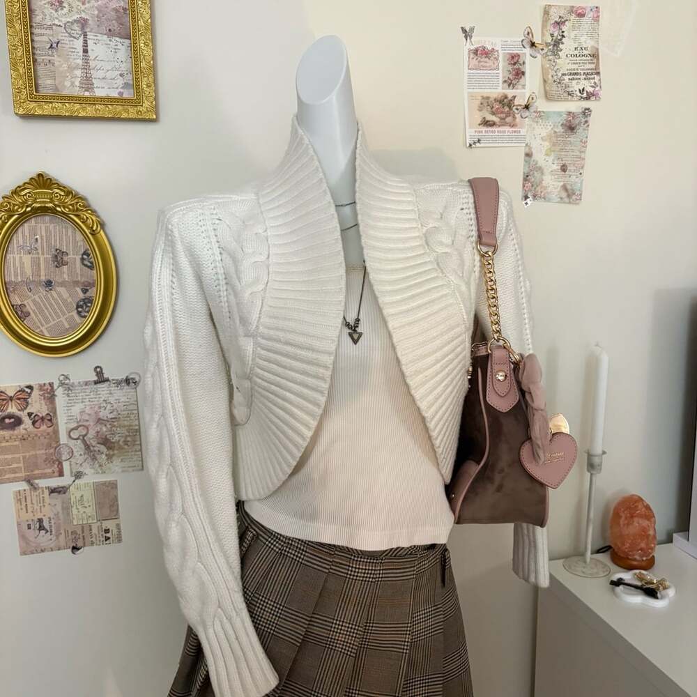 White House Black Market Cable Knit Cropped Cardigan Sweater White